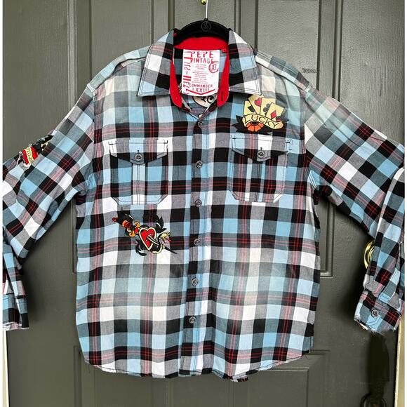 Pepe Jeans Vintage Commander LXXIII Men’s Plaid Checks Shirt Blue Embroidered XL - Picture 1 of 8